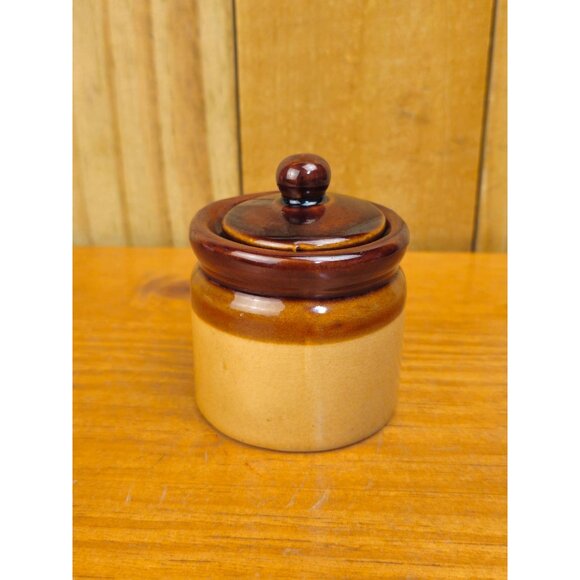 Vintage Stoneware Miniature Lidded Jar With Brown Glaze & Beige Body - Picture 2 of 9